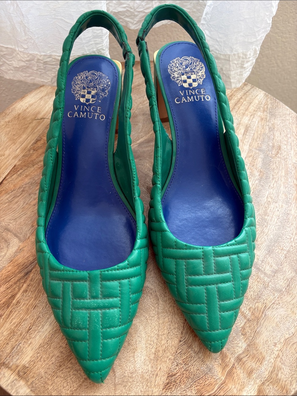 Vince Camuto Green Quilted Pointed-Toe Slingback Flats with Blue Insole